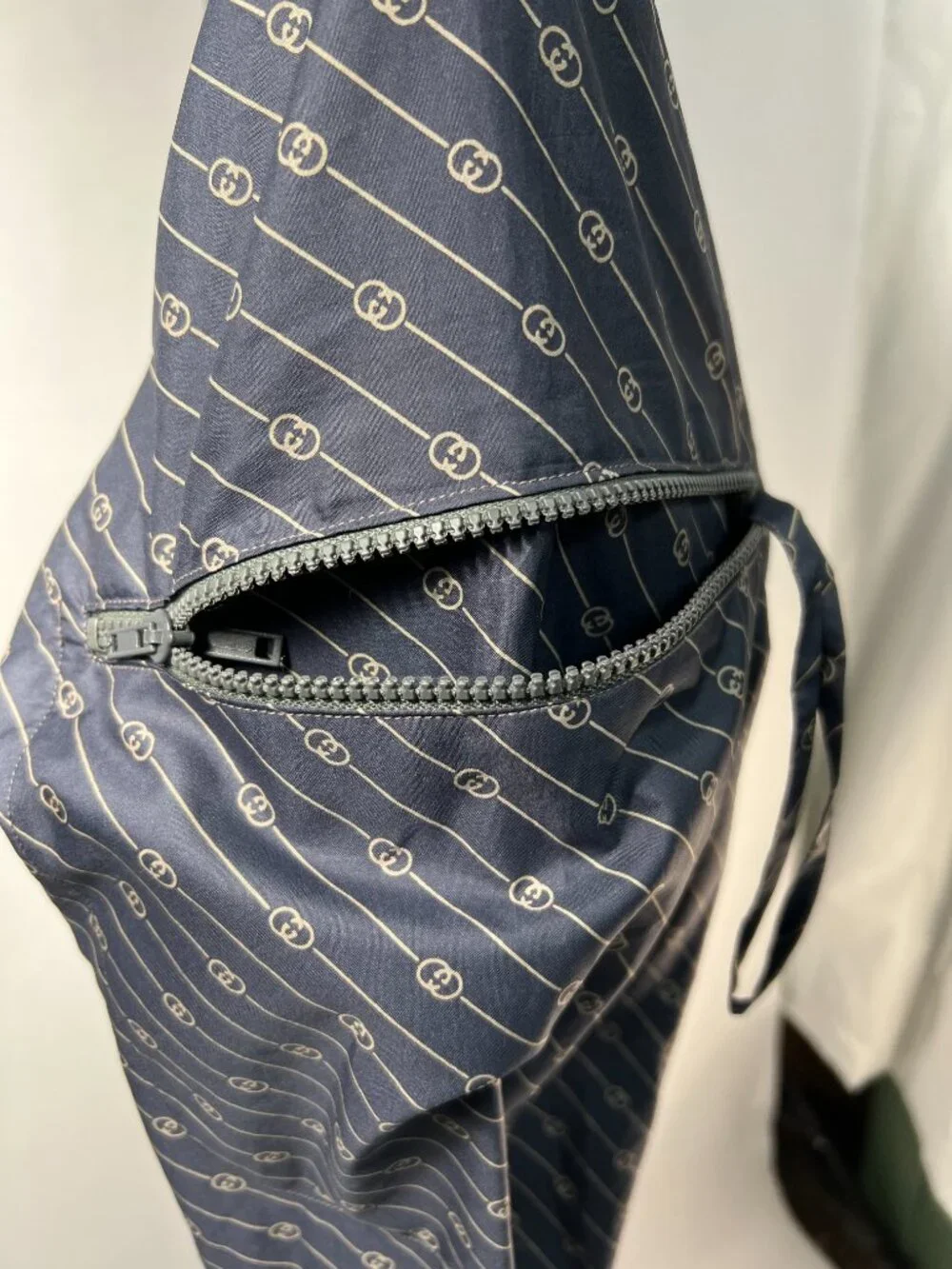 RARE Vintage GUCCI Monogram Packable Travel Coat - Blue Grey Logo Print 80s M